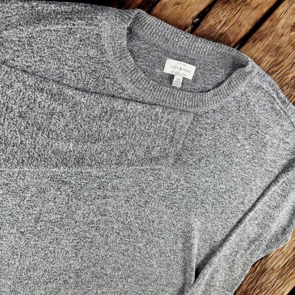 Lucky Brand Top‎ Women L Gray Heathered Long Sleeve Knit Crewneck Boho Cowgirl